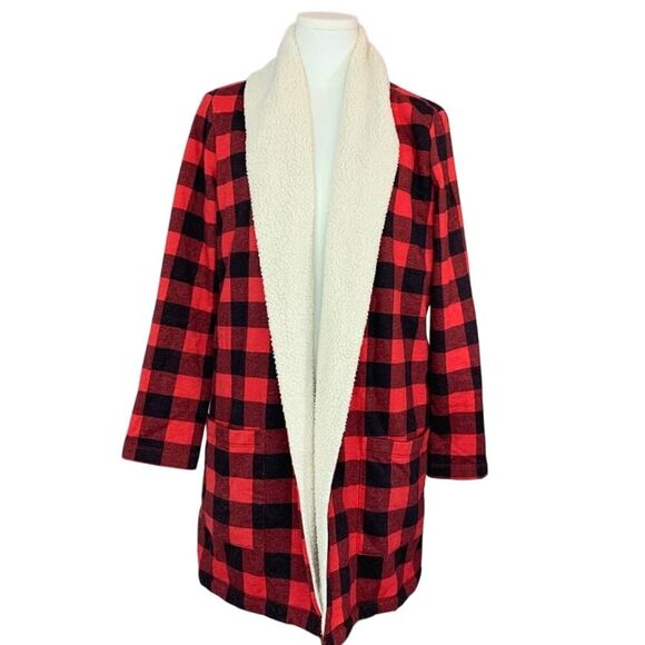 Eddie Bauer Buffalo Plaid Open Front Cardigan Sherpa Lined Women’s Size M - Picture 1 of 11